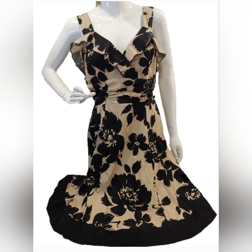 Perceptions New York Sundress Ruffled Top  Black/Khaki Size 10 NWT Size 10